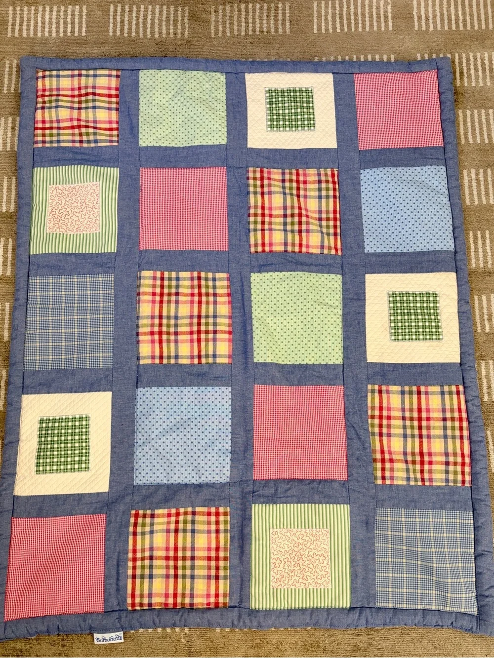 Vintage Sumersault Patchwork Baby Quilt 34x42 - Plaid Gingham Crib Nursery Quilt